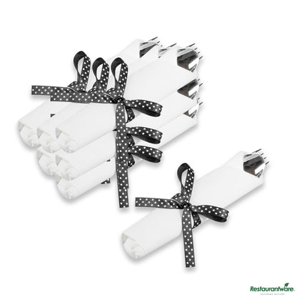 Wholesale Restaurantware Argento Silver Plastic Cutlery Set - with White Napkin, Polka Dot Ribbon - 7 1/4" X 2" X 1 3/4"- Bulk