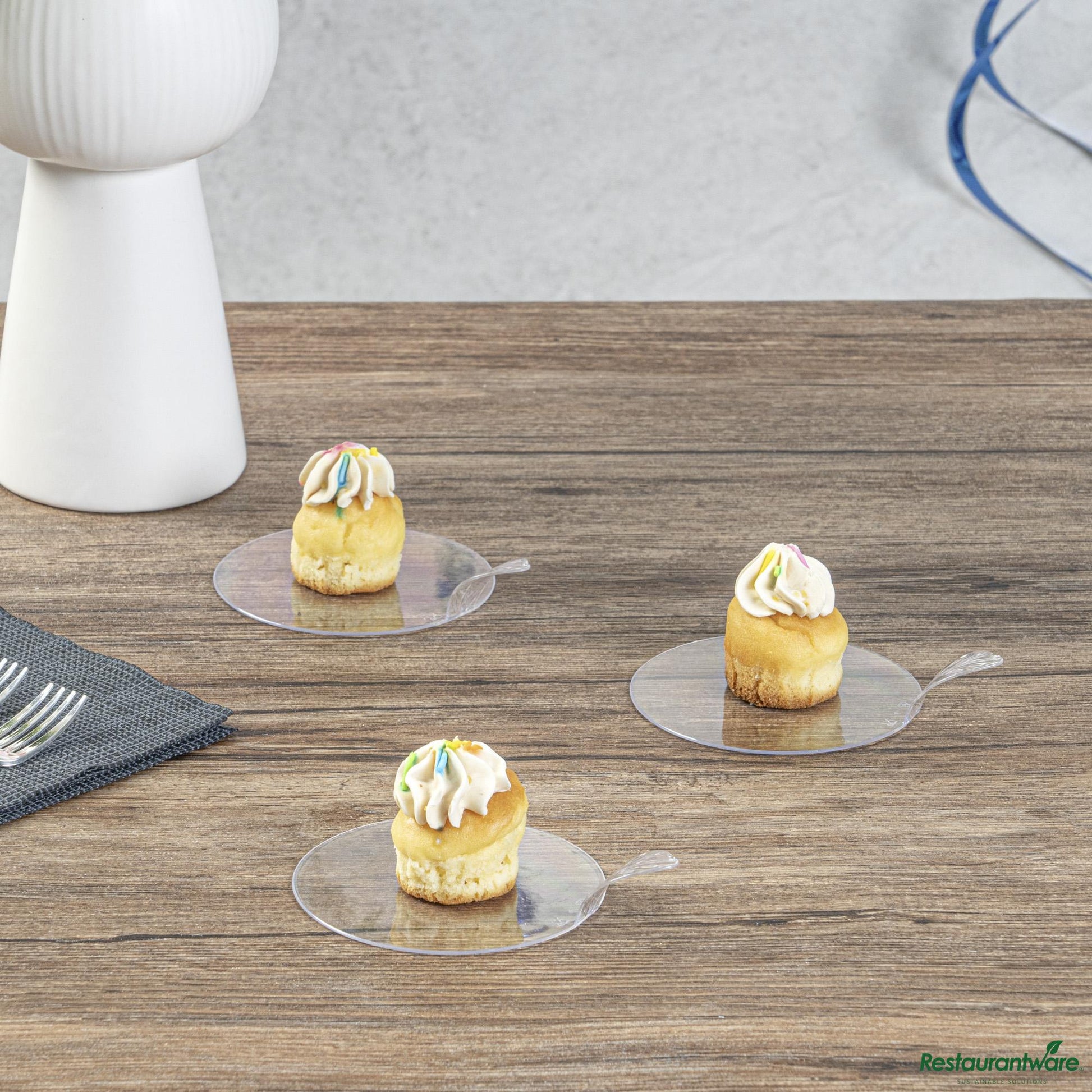 Wholesale Restaurantware Round Clear Plastic Pastry Pallet - 3" X 3" X 1"- Bulk