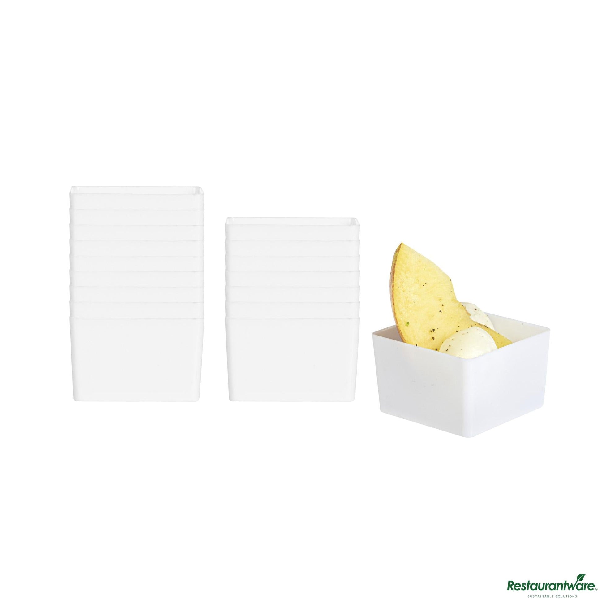 Wholesale Restaurantware 2 Oz Square White Plastic Short Quadrato Cup - 1 3/4" X 1 3/4" X 1"- Bulk