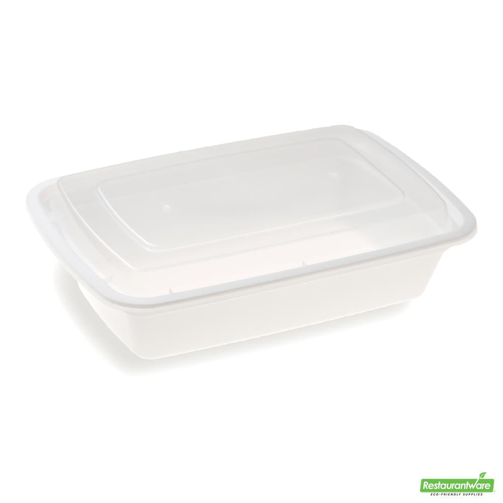 Wholesale Restaurantware Asporto 28 Oz Rectangle White Plastic to Go Box - with Clear Lid, Microwavable - 8 3/4" X 6" X 1 1/2"- Bulk