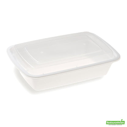 Wholesale Restaurantware Asporto 28 Oz Rectangle White Plastic to Go Box - with Clear Lid, Microwavable - 8 3/4" X 6" X 1 1/2"- Bulk