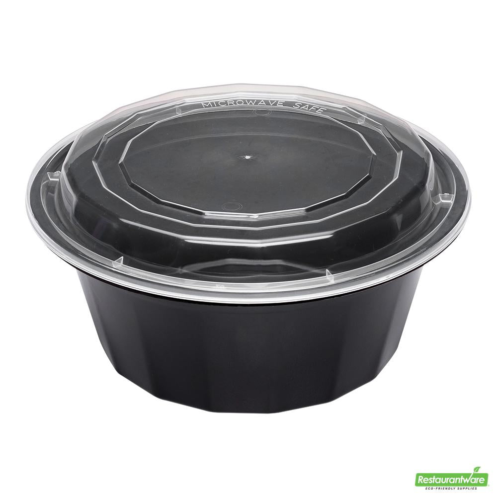 Wholesale Restaurantware Asporto 32 Oz Round Black Plastic to Go Box - with Clear Lid, Microwavable - 7 1/4" X 7 1/4" X 3"- Bulk