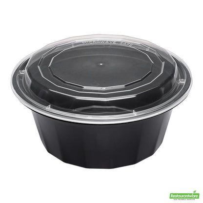 Wholesale Restaurantware Asporto 32 Oz Round Black Plastic to Go Box - with Clear Lid, Microwavable - 7 1/4" X 7 1/4" X 3"- Bulk