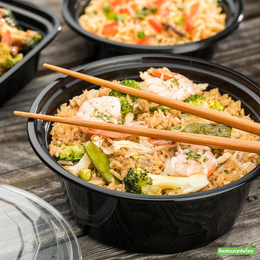 Wholesale Restaurantware Asporto 32 Oz Round Black Plastic to Go Box - with Clear Lid, Microwavable - 7 1/4" X 7 1/4" X 3"- Bulk