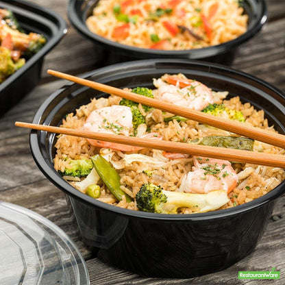 Wholesale Restaurantware Asporto 32 Oz Round Black Plastic to Go Box - with Clear Lid, Microwavable - 7 1/4" X 7 1/4" X 3"- Bulk