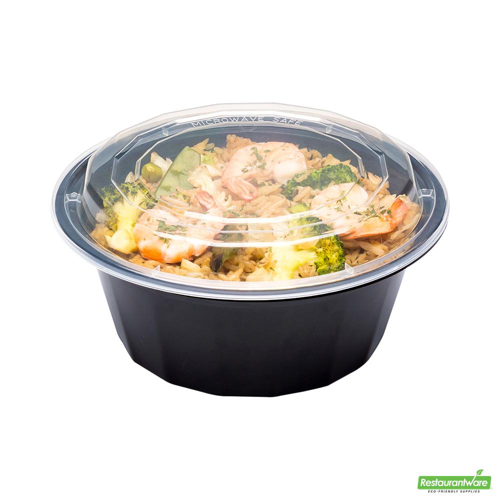 Wholesale Restaurantware Asporto 32 Oz Round Black Plastic to Go Box - with Clear Lid, Microwavable - 7 1/4" X 7 1/4" X 3"- Bulk
