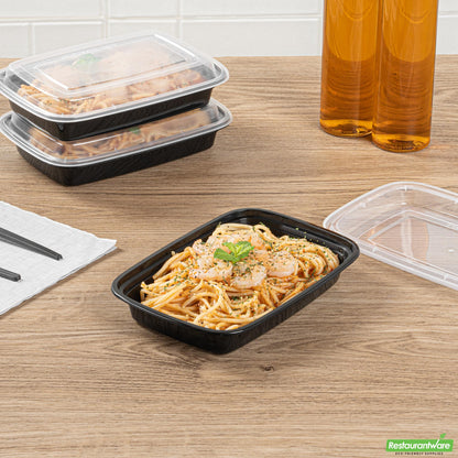 Wholesale Restaurantware Asporto 16 Oz Rectangle Black Plastic to Go Box - with Clear Lid, Microwavable - 7 3/4" X 5 1/2" X 1 1/2"- Bulk