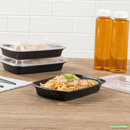 Wholesale Restaurantware Asporto 16 Oz Rectangle Black Plastic to Go Box - with Clear Lid, Microwavable - 7 3/4" X 5 1/2" X 1 1/2"- Bulk