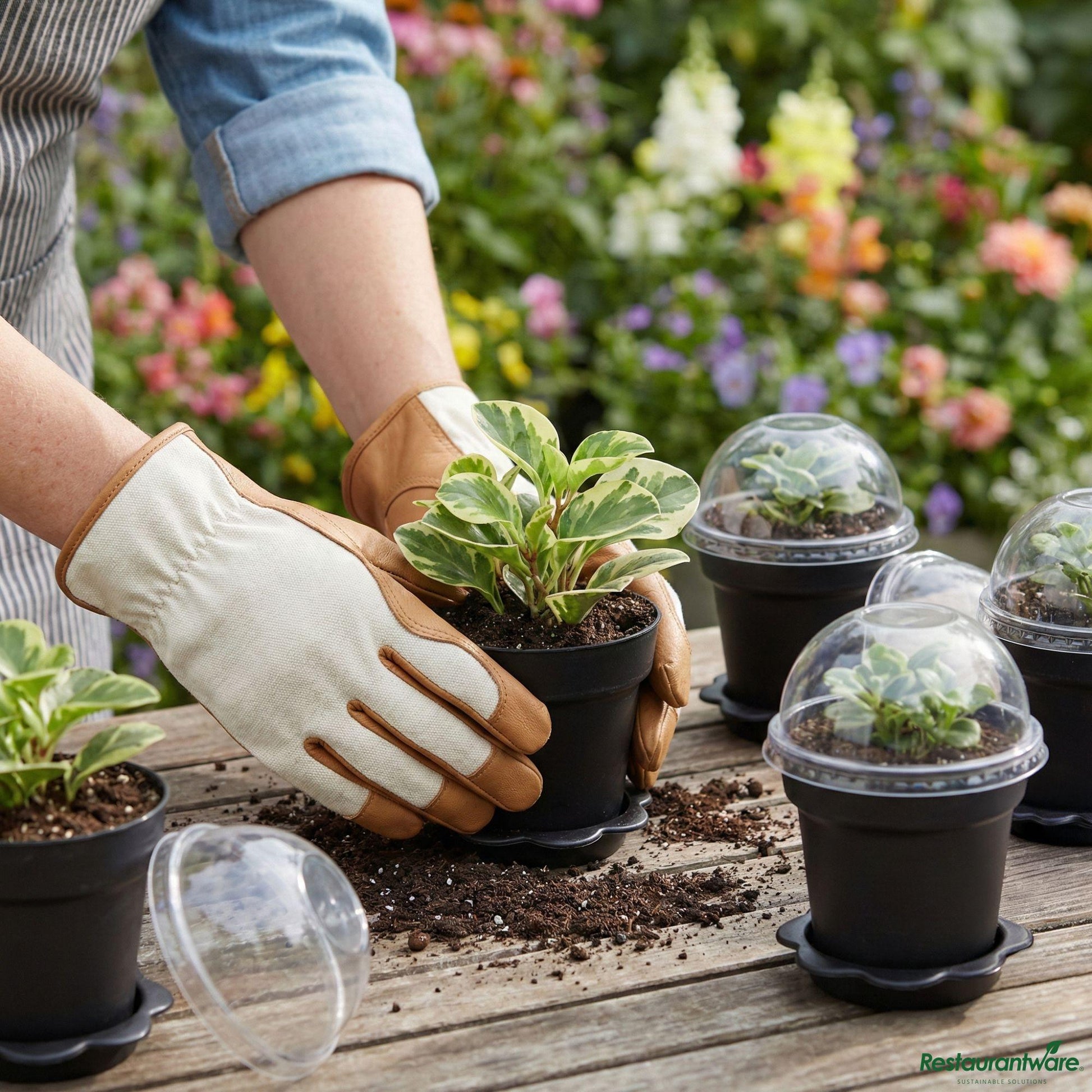 Wholesale Restaurantware 6 Oz Black Plastic Mini Flower Pot Cup - with Lid - 3" X 3" X 3"- Bulk