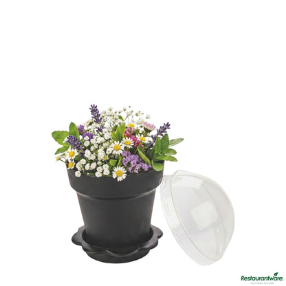 Wholesale Restaurantware 6 Oz Black Plastic Mini Flower Pot Cup - with Lid - 3" X 3" X 3"- Bulk