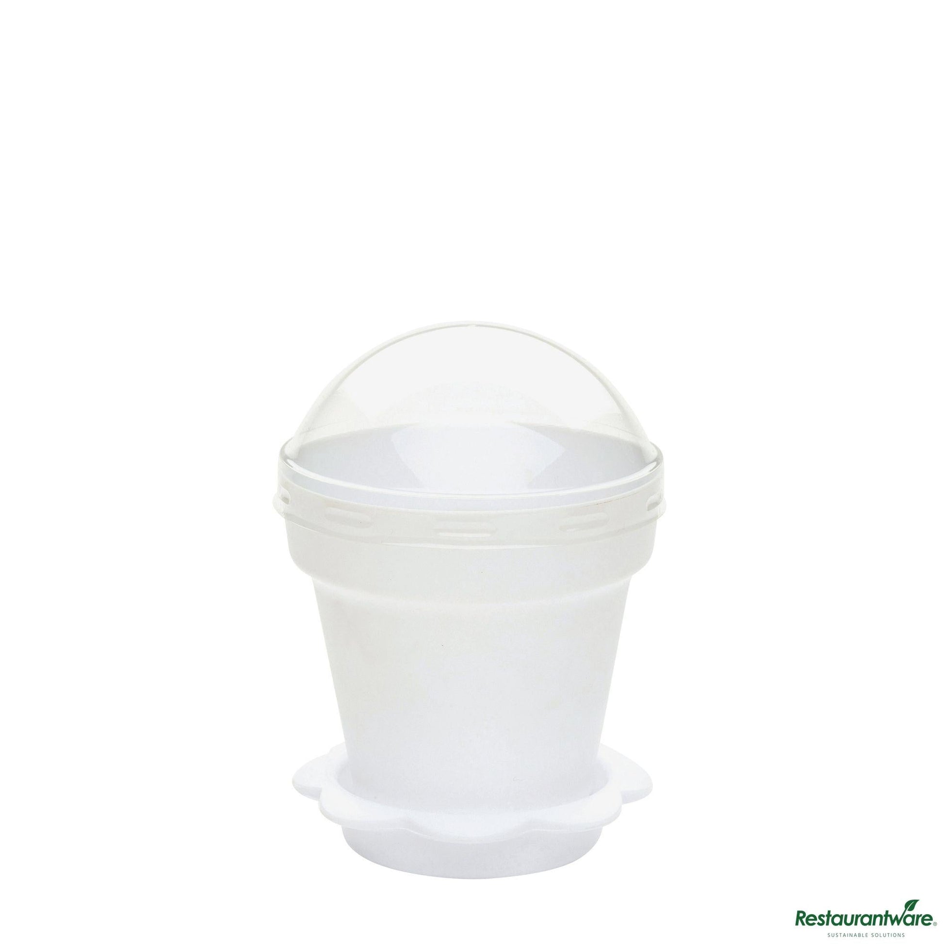 Wholesale Restaurantware 6 Oz White Plastic Mini Flower Pot Cup - with Lid - 3" X 3" X 3"- Bulk