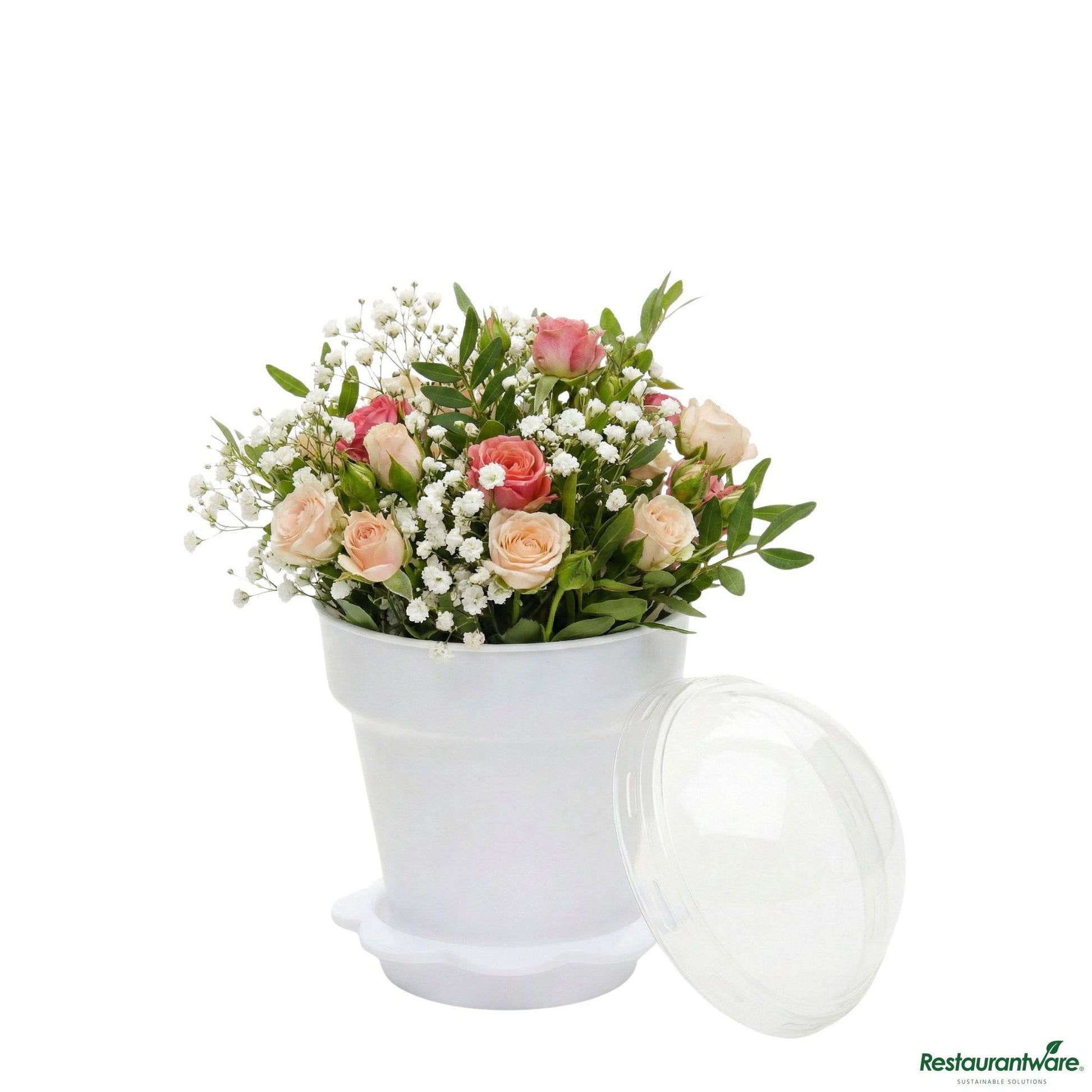 Wholesale Restaurantware 6 Oz White Plastic Mini Flower Pot Cup - with Lid - 3" X 3" X 3"- Bulk