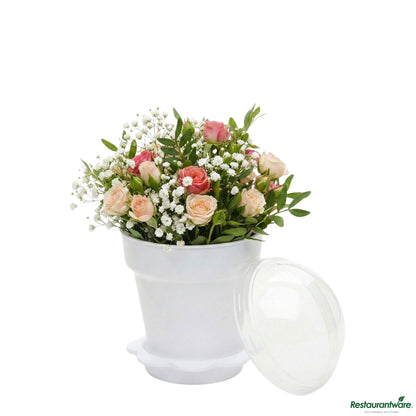 Wholesale Restaurantware 6 Oz White Plastic Mini Flower Pot Cup - with Lid - 3" X 3" X 3"- Bulk