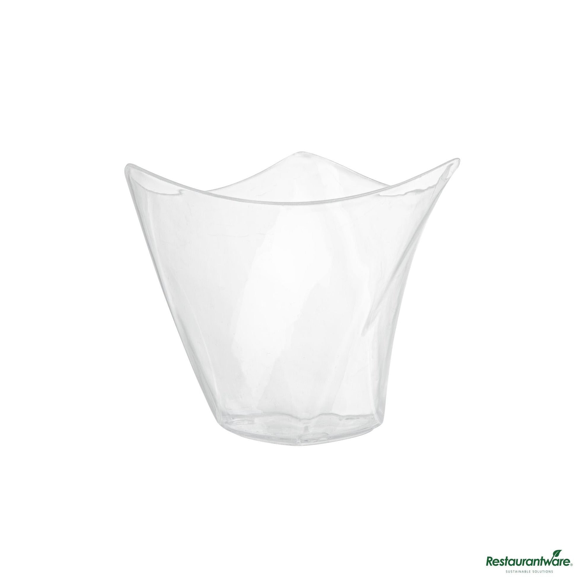 Wholesale Restaurantware 4 Oz Clear Plastic Mini Crescendo Cup - 3" X 3" X 2 3/4"- Bulk