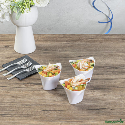 Wholesale Restaurantware 4 Oz White Plastic Mini Crescendo Cup - 3" X 3" X 2 3/4"- Bulk