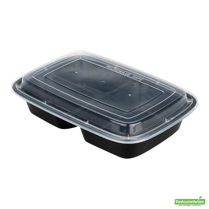Wholesale Restaurantware Asporto 26 Oz Black Plastic 3 Compartment Food Container - with Clear Lid, Microwavable - 8 3/4" X 6" X 1 3/4"- Bulk
