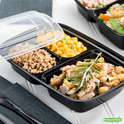 Wholesale Restaurantware Asporto 26 Oz Black Plastic 3 Compartment Food Container - with Clear Lid, Microwavable - 8 3/4" X 6" X 1 3/4"- Bulk
