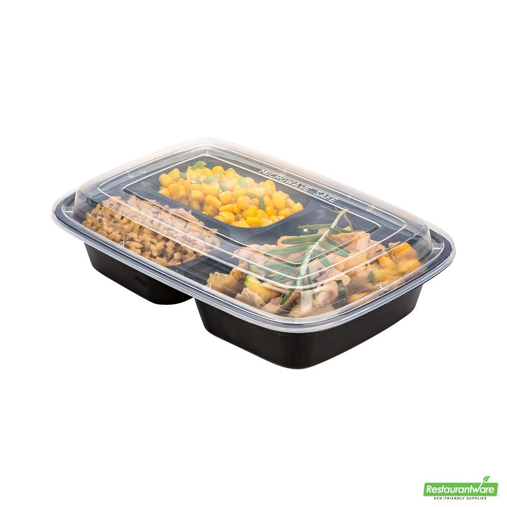 Wholesale Restaurantware Asporto 26 Oz Black Plastic 3 Compartment Food Container - with Clear Lid, Microwavable - 8 3/4" X 6" X 1 3/4"- Bulk