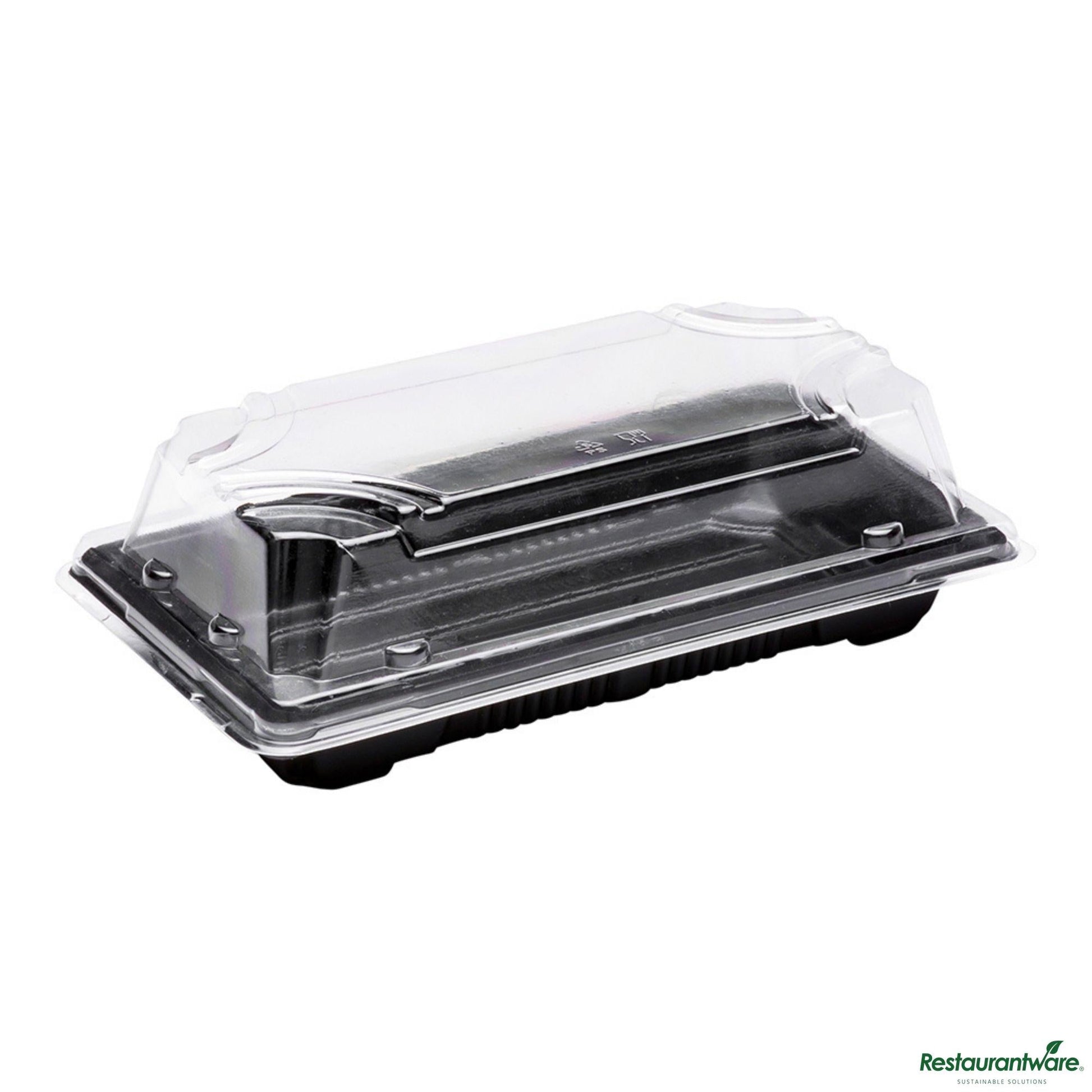 Wholesale Restaurantware Roku Rectangle Black Plastic Small Take Out Sushi Tray - with Clear Lid - 5 1/2" X 3" X 2"- Bulk