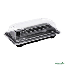 Wholesale Restaurantware Roku Rectangle Black Plastic Small Take Out Sushi Tray - with Clear Lid - 5 1/2" X 3" X 2"- Bulk