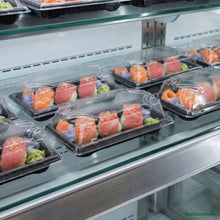 Wholesale Restaurantware Roku Rectangle Black Plastic Small Take Out Sushi Tray - with Clear Lid - 5 1/2" X 3" X 2"- Bulk