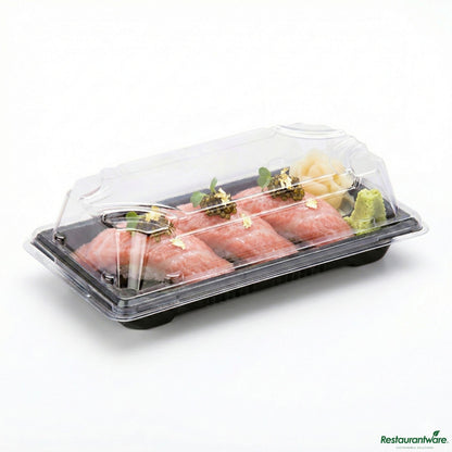 Wholesale Restaurantware Roku Rectangle Black Plastic Small Take Out Sushi Tray - with Clear Lid - 5 1/2" X 3" X 2"- Bulk