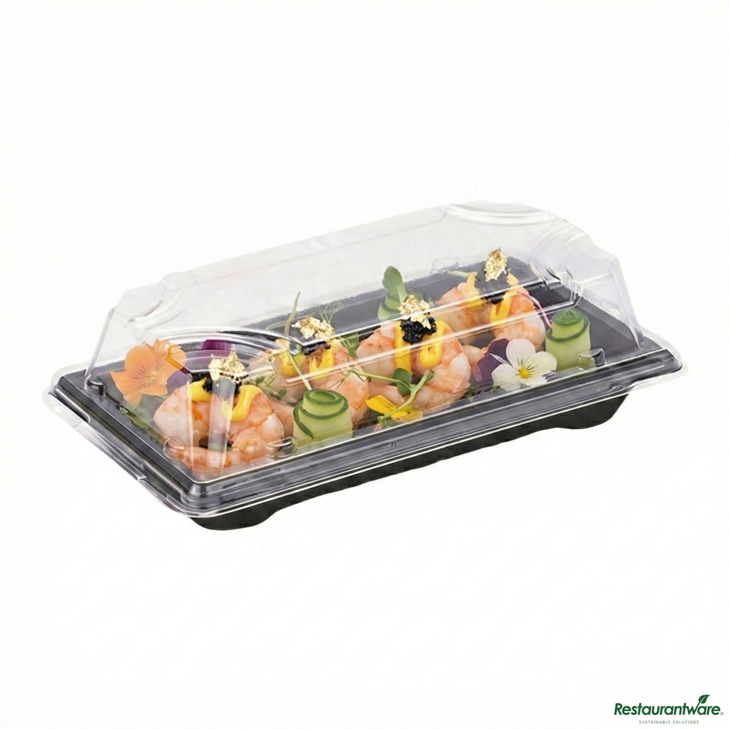 Wholesale Restaurantware Roku Rectangle Black Plastic Small Take Out Sushi Tray - with Clear Lid - 5 1/2" X 3" X 2"- Bulk