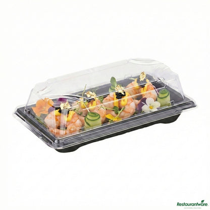 Wholesale Restaurantware Roku Rectangle Black Plastic Small Take Out Sushi Tray - with Clear Lid - 5 1/2" X 3" X 2"- Bulk