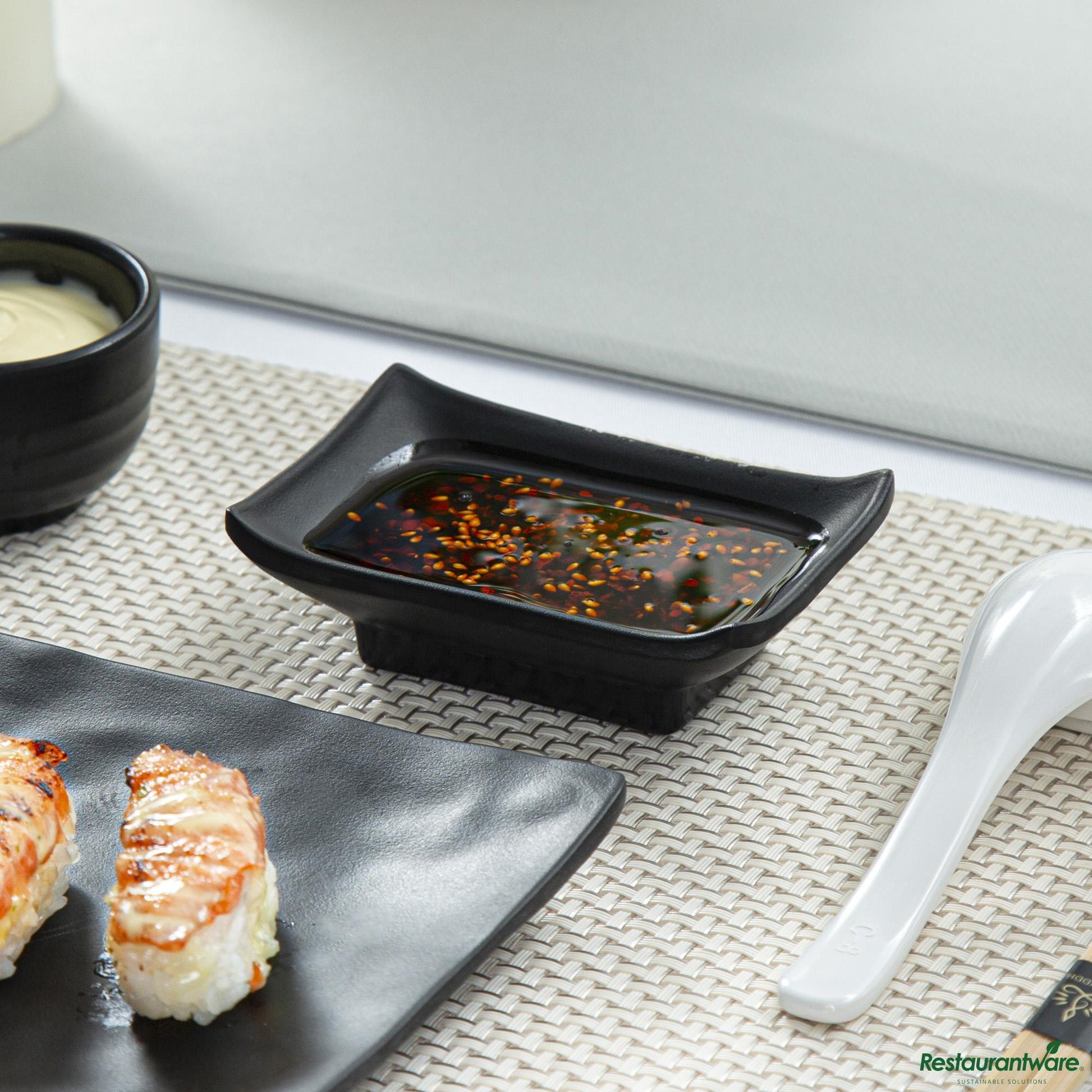 Wholesale Restaurantware Voga 1 Oz Rectangle Black Melamine Sauce Dish - Japonais - 4" X 2 1/2" X 1 1/4"- Bulk
