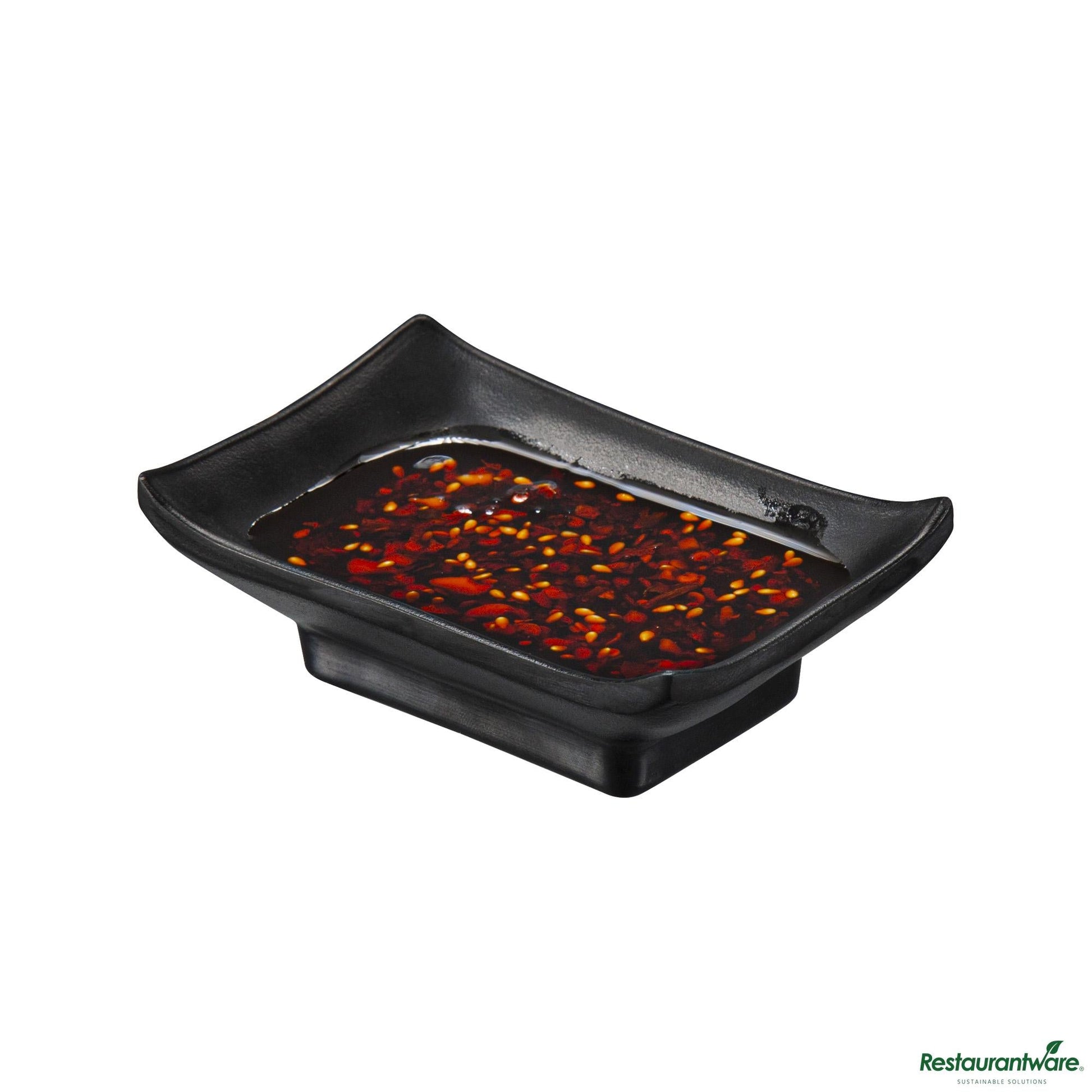 Wholesale Restaurantware Voga 1 Oz Rectangle Black Melamine Sauce Dish - Japonais - 4" X 2 1/2" X 1 1/4"- Bulk