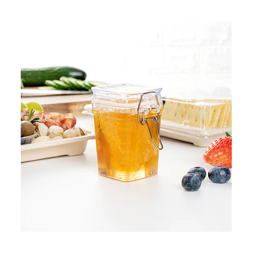 Wholesale Restaurantware 3 Oz Square Clear Plastic Nostalgic Mason Jar - with Clamp Lid - 2 1/2" X 2" X 3"- Bulk