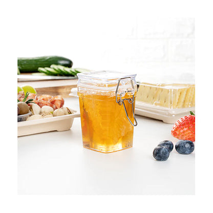 Wholesale Restaurantware 3 Oz Square Clear Plastic Nostalgic Mason Jar - with Clamp Lid - 2 1/2" X 2" X 3"- Bulk