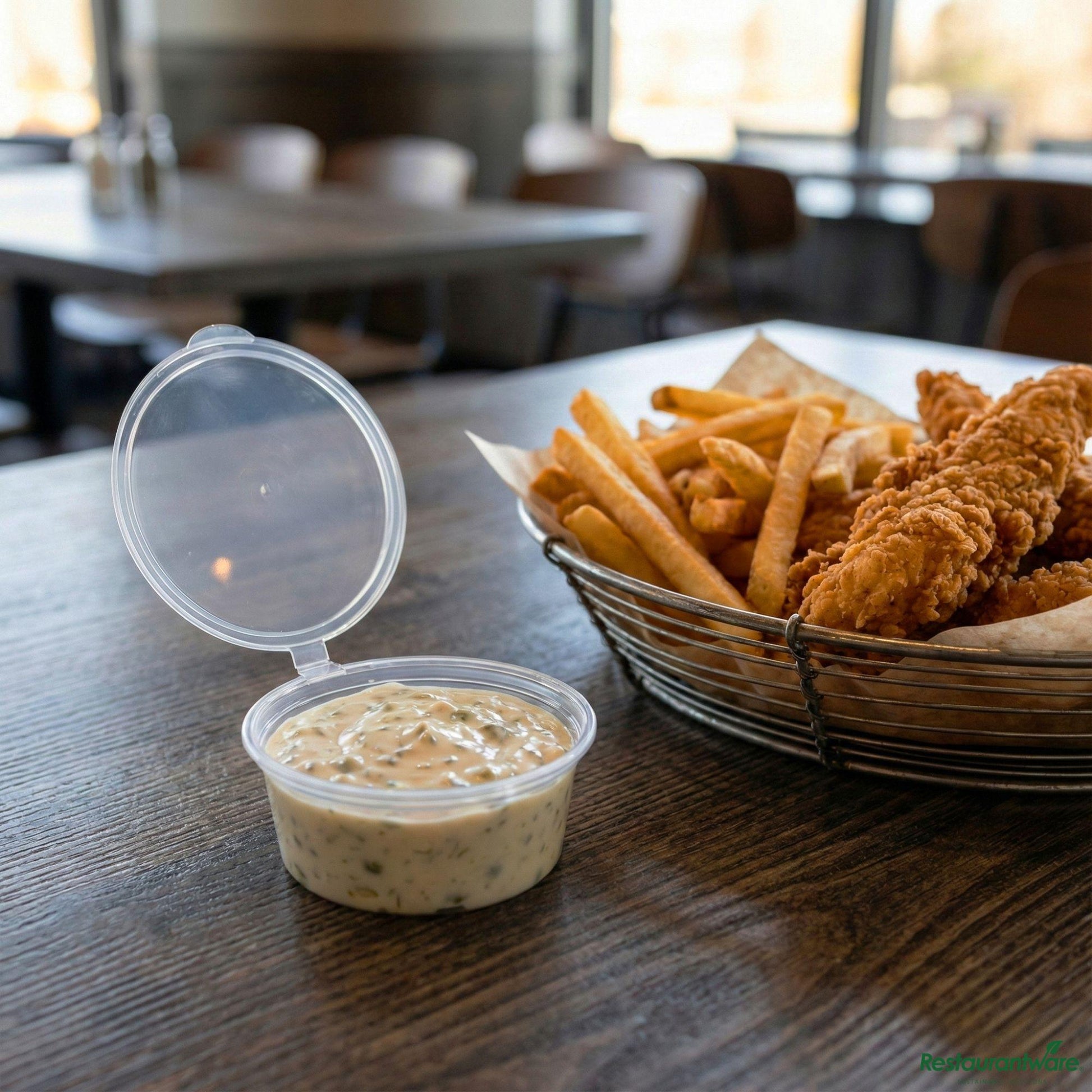 Wholesale Restaurantware 4 Oz Clear Plastic Portion Cup - with Hinged Lid - 3 1/4" X 3 1/4" X 1 1/4"- Bulk