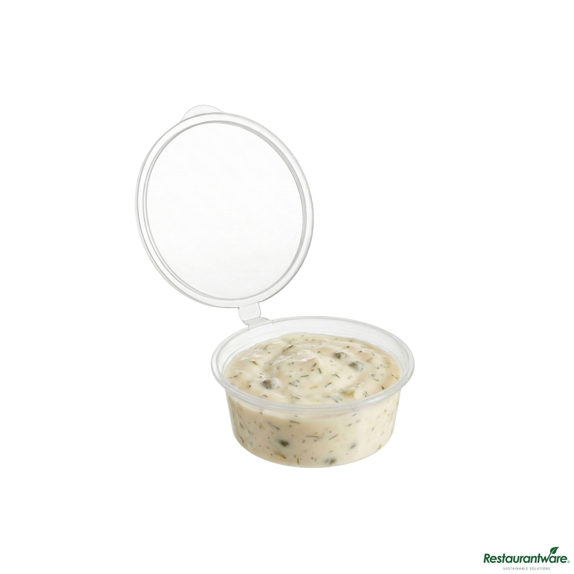 Wholesale Restaurantware 4 Oz Clear Plastic Portion Cup - with Hinged Lid - 3 1/4" X 3 1/4" X 1 1/4"- Bulk