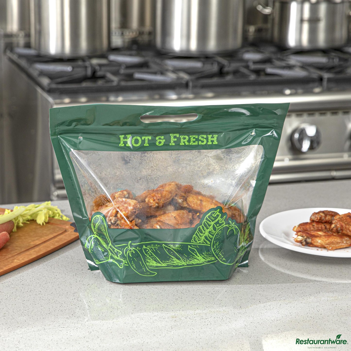 Wholesale Restaurantware Bag Tek Green Plastic Rotisserie Chicken / Hot Food Bag - Hot & Fresh - 12 3/4 X 5 3/4 X 10 1/4- Bulk