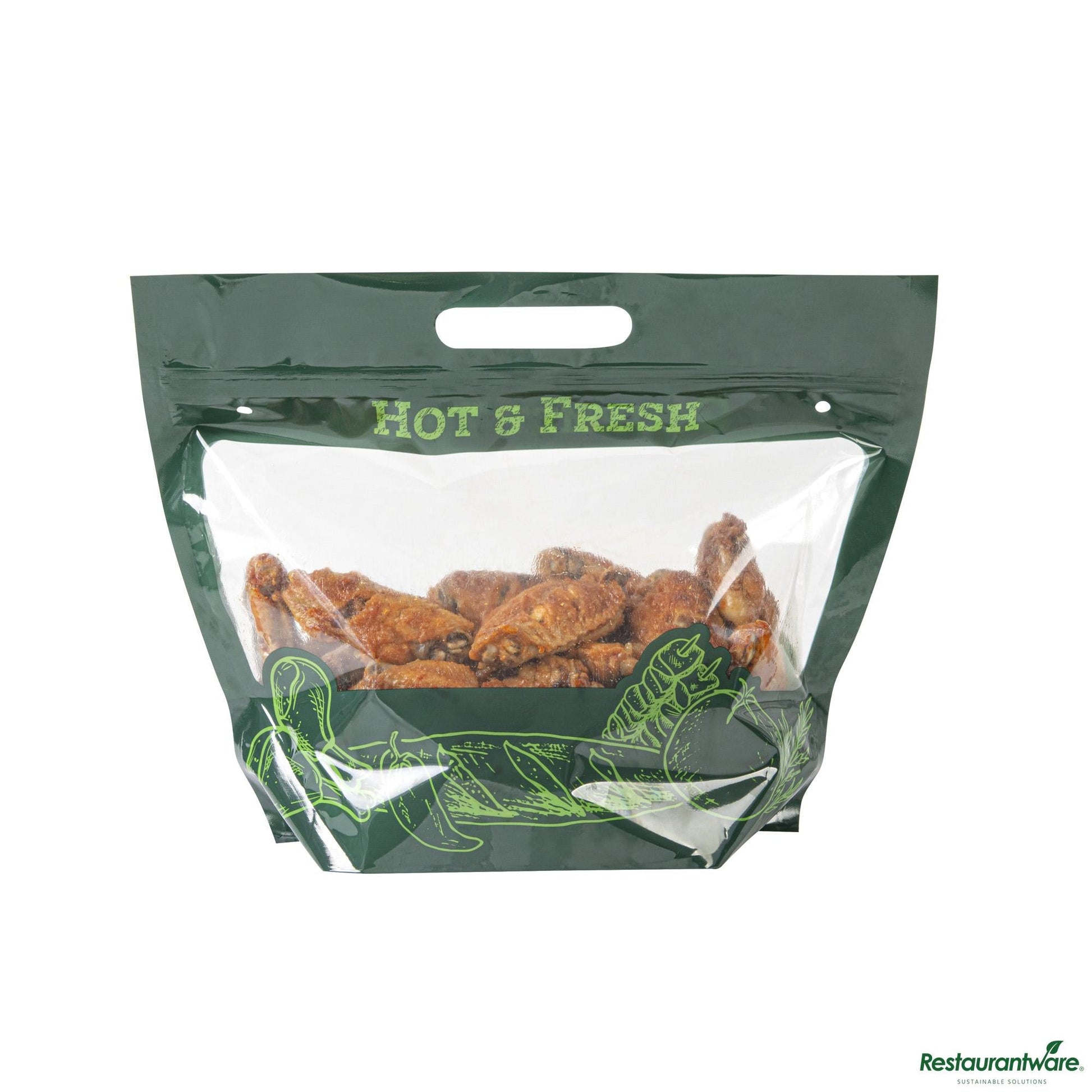Wholesale Restaurantware Bag Tek Green Plastic Rotisserie Chicken / Hot Food Bag - Hot & Fresh - 12 3/4 X 5 3/4 X 10 1/4- Bulk