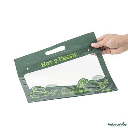 Wholesale Restaurantware Bag Tek Green Plastic Rotisserie Chicken / Hot Food Bag - Hot & Fresh - 12 3/4 X 5 3/4 X 10 1/4- Bulk