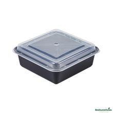 Wholesale Restaurantware 32 Oz Square Black Plastic Take Out Container - with Lid - 6.9" X 6.9" X 2.6"- Bulk