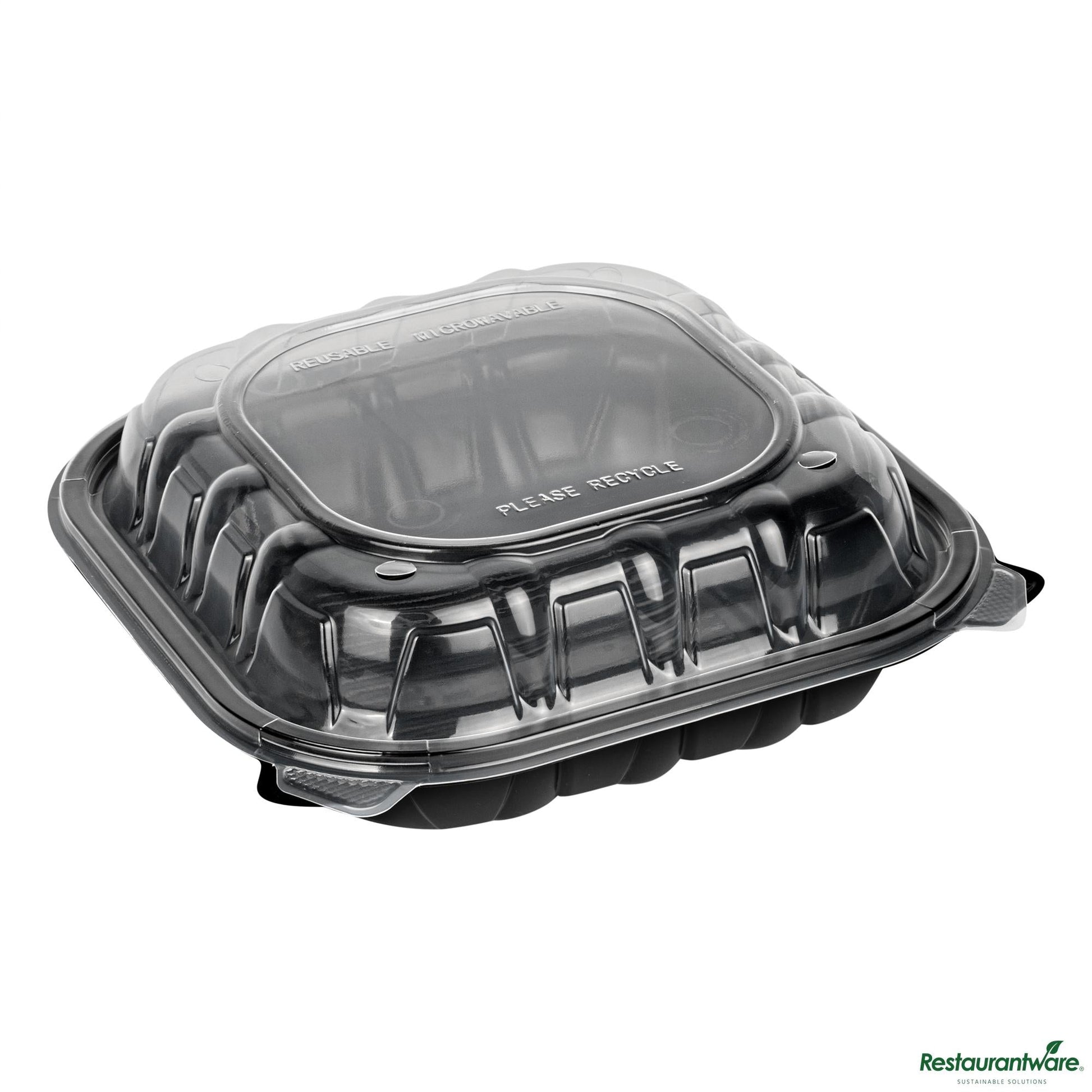 Wholesale Restaurantware 40 Oz Black Plastic Clamshell Container - 9" X 9" X 3"- Bulk