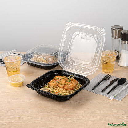 Wholesale Restaurantware 40 Oz Black Plastic Clamshell Container - 9" X 9" X 3"- Bulk