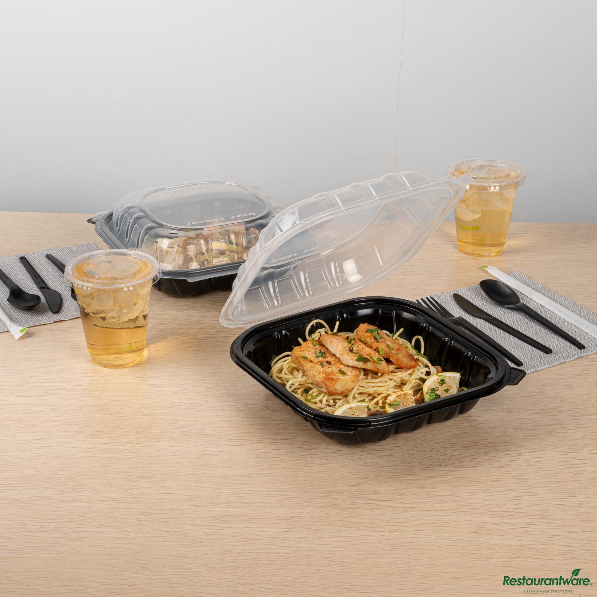 Wholesale Restaurantware 40 Oz Black Plastic Clamshell Container - 9" X 9" X 3"- Bulk