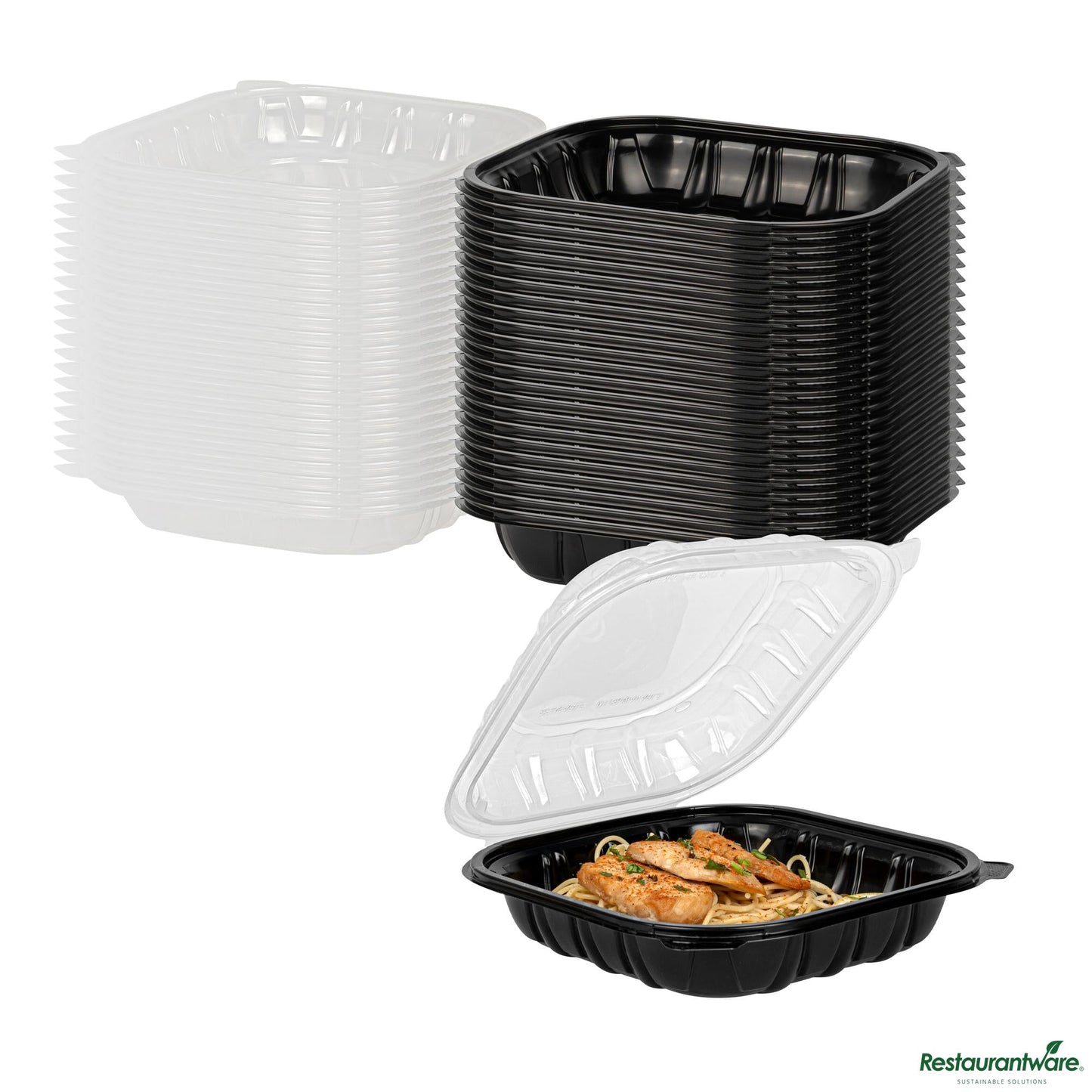 Wholesale Restaurantware 40 Oz Black Plastic Clamshell Container - 9" X 9" X 3"- Bulk