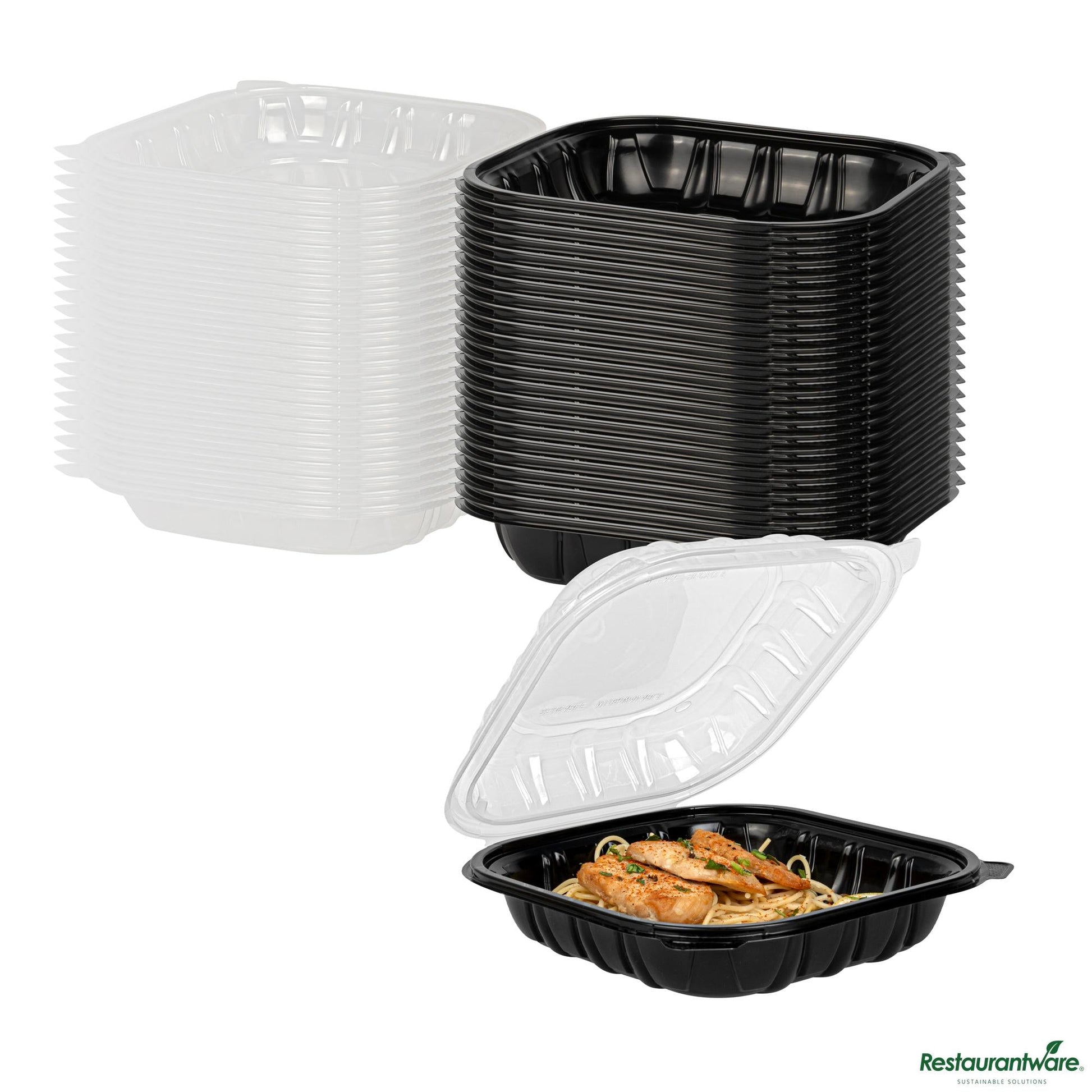 Wholesale Restaurantware 40 Oz Black Plastic Clamshell Container - 9" X 9" X 3"- Bulk