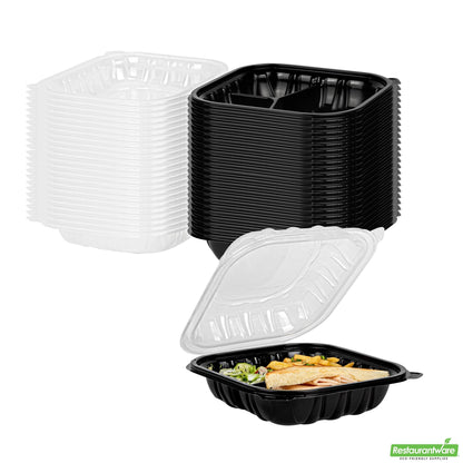 Wholesale Restaurantware 34 Oz Black Plastic Clamshell Container - 3 Compartments- Bulk