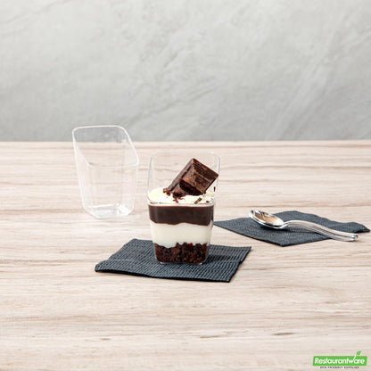 Wholesale Restaurantware Mini Serve 2 Oz Square Clear Plastic Dessert Cup - with Lid, Slanted - 2 1/4'' X 2 1/4'' X 3'' - 25 Count Box- Bulk