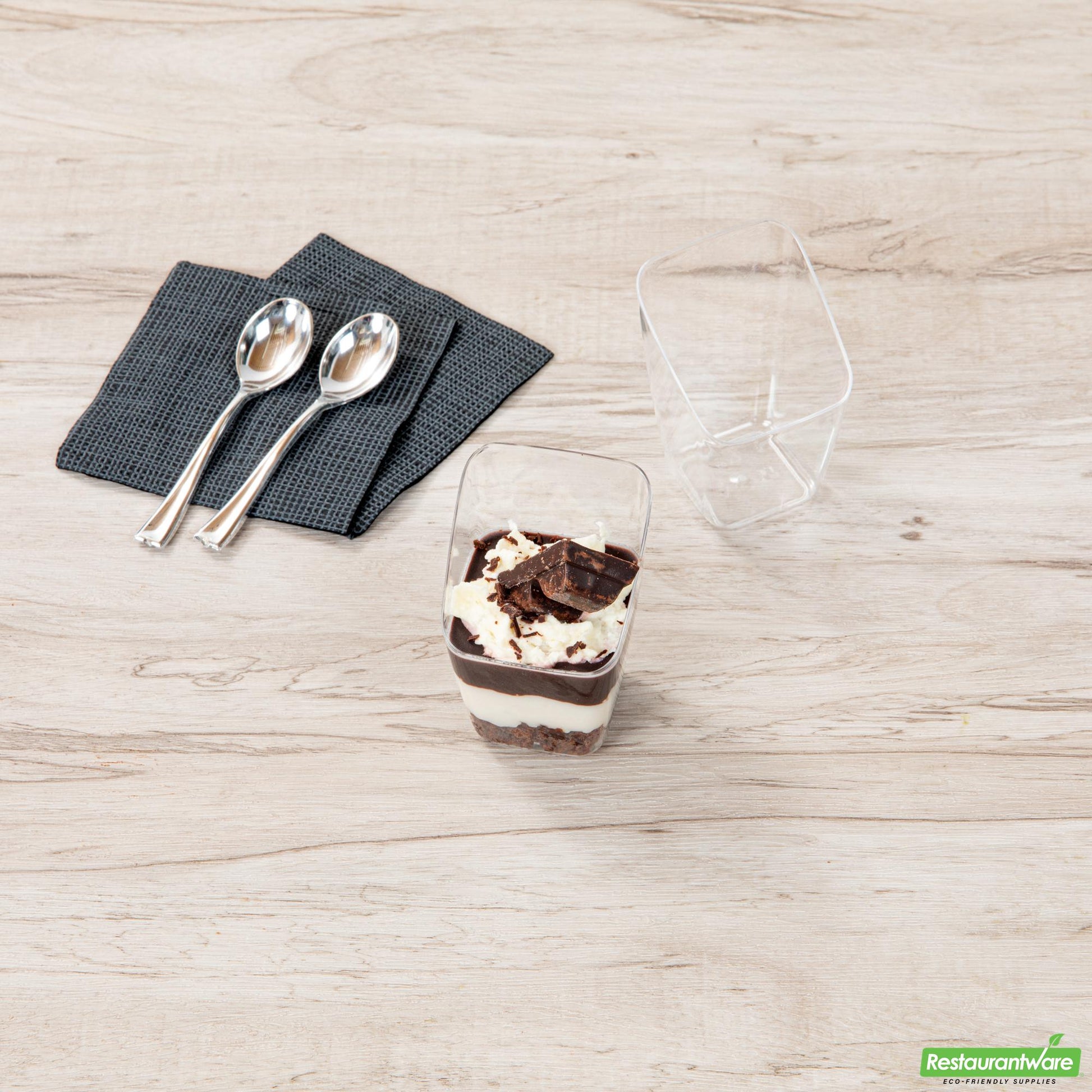 Wholesale Restaurantware Mini Serve 2 Oz Square Clear Plastic Dessert Cup - with Lid, Slanted - 2 1/4'' X 2 1/4'' X 3'' - 100 Count Box- Bulk