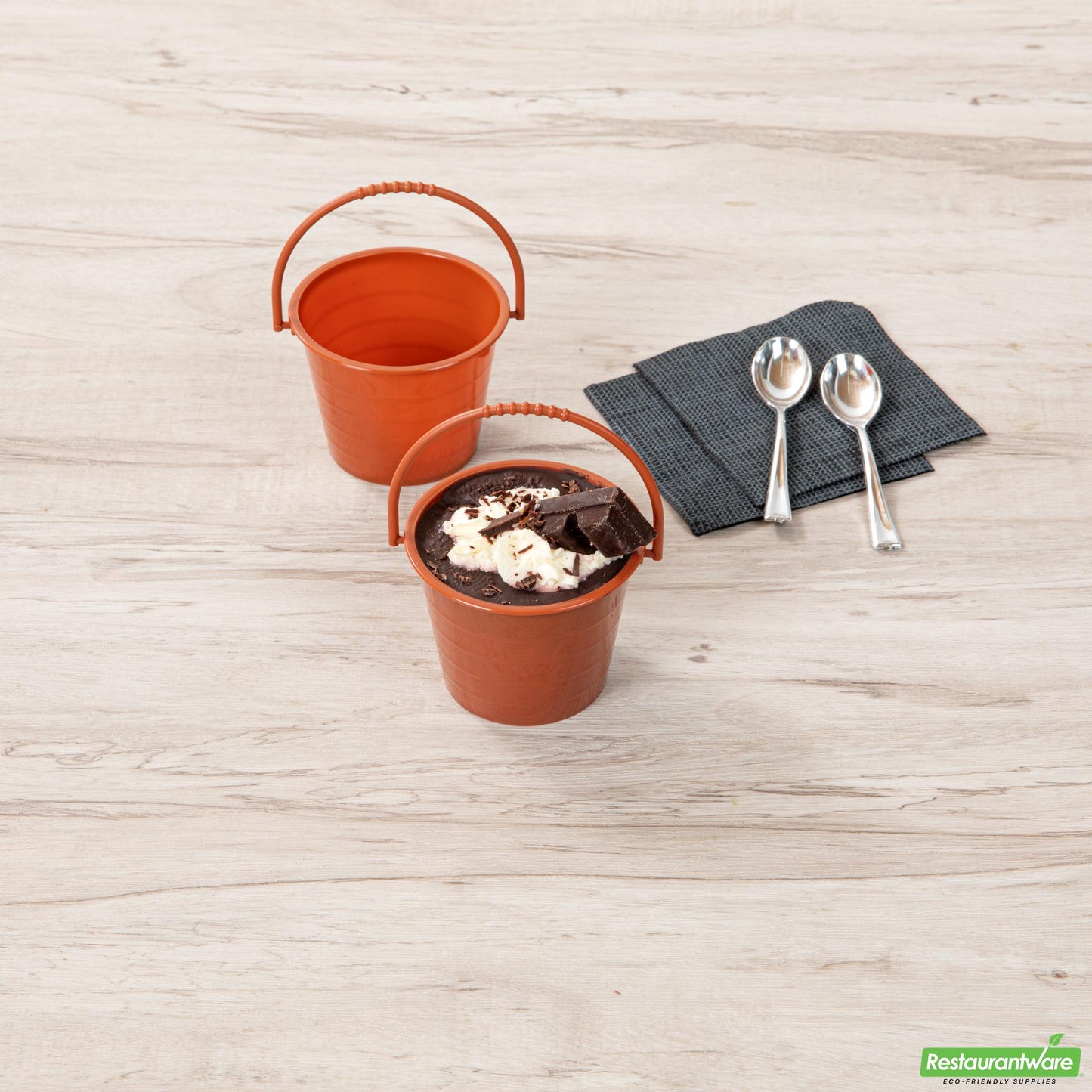 Wholesale Restaurantware Mini Serve 2 Oz Round Brown Plastic Dessert Bucket Cup - with Lid - 3 1/4'' X 3 1/4'' X 2 1/4'' - 100 Count Box- Bulk