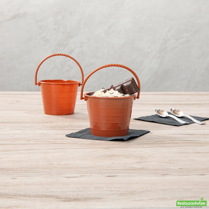 Wholesale Restaurantware Mini Serve 2 Oz Round Brown Plastic Dessert Bucket Cup - with Lid - 3 1/4'' X 3 1/4'' X 2 1/4'' - 100 Count Box- Bulk