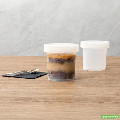Wholesale Restaurantware Mini Serve 10 Oz Round Clear Plastic Dessert Cup - with Lid - 3 1/2'' X 3 1/2'' X 3 1/2'' - 100 Count Box- Bulk