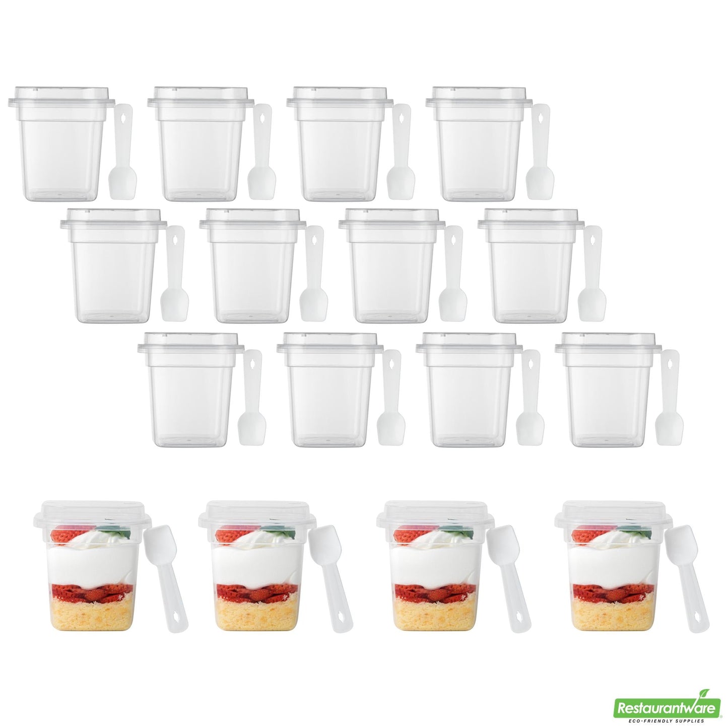 Wholesale Restaurantware Mini Serve 7 Oz Square Clear Plastic Dessert Cup - with Lid and Spoon - 3 1/4'' X 3 1/4'' X 3 1/2'' - 25 Count Box- Bulk